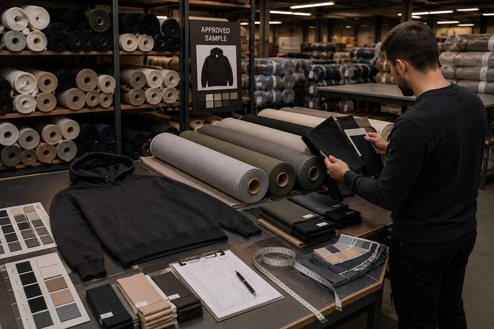 Massenbestellung von Stoffen und Materialprüfung für die genehmigte Hoodie-Produktion in einer Istanbuler Bekleidungsfabrik