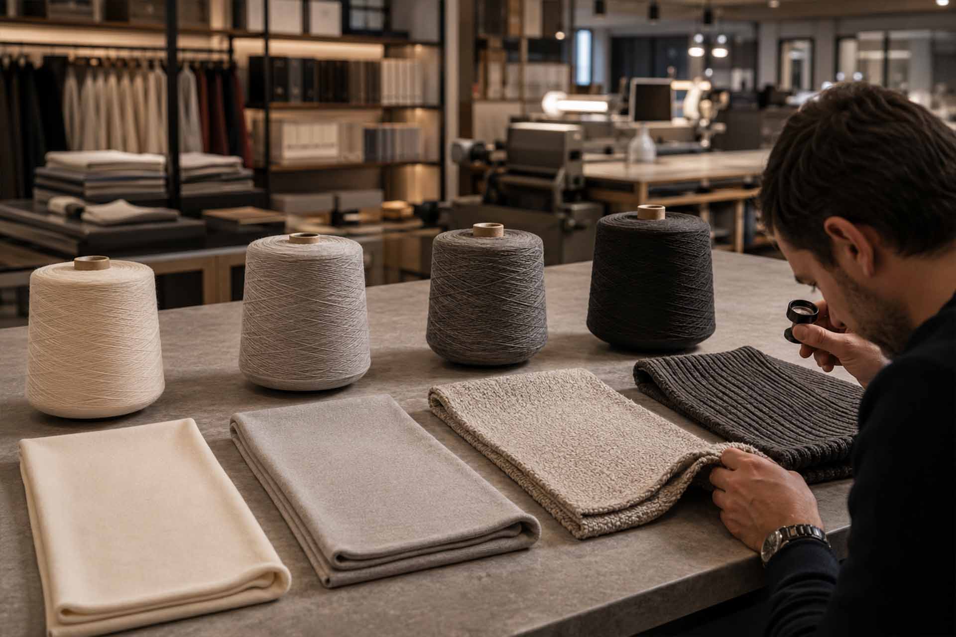 In einem Textilentwicklungsstudio werden neben Jersey-, French-Terry- und Rippenstoffproben verschiedene Garnfeinheiten ausgestellt.