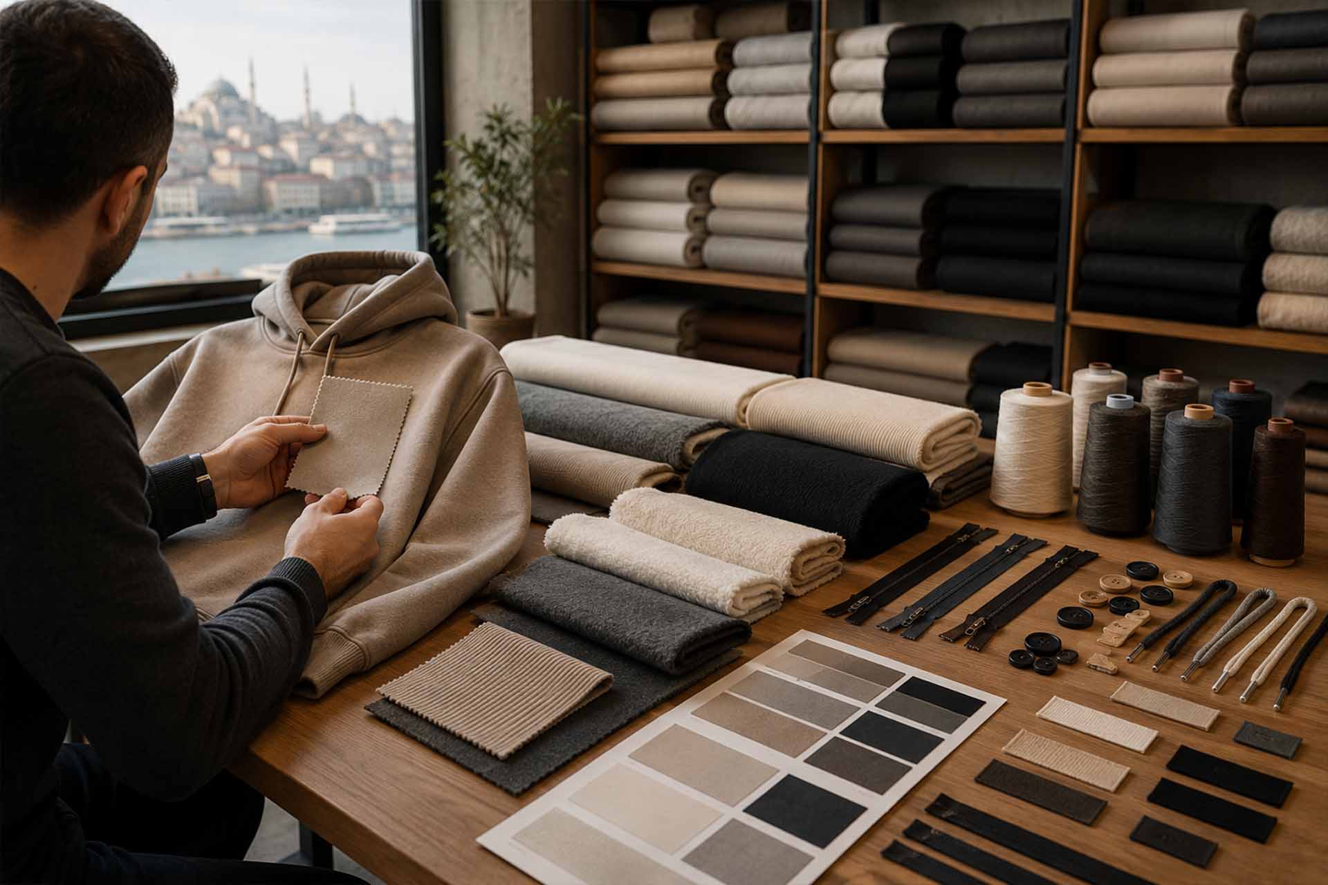 Stoffbeschaffung und Auswahl von Besätzen für die individuelle Bekleidungsproduktion in Istanbul.