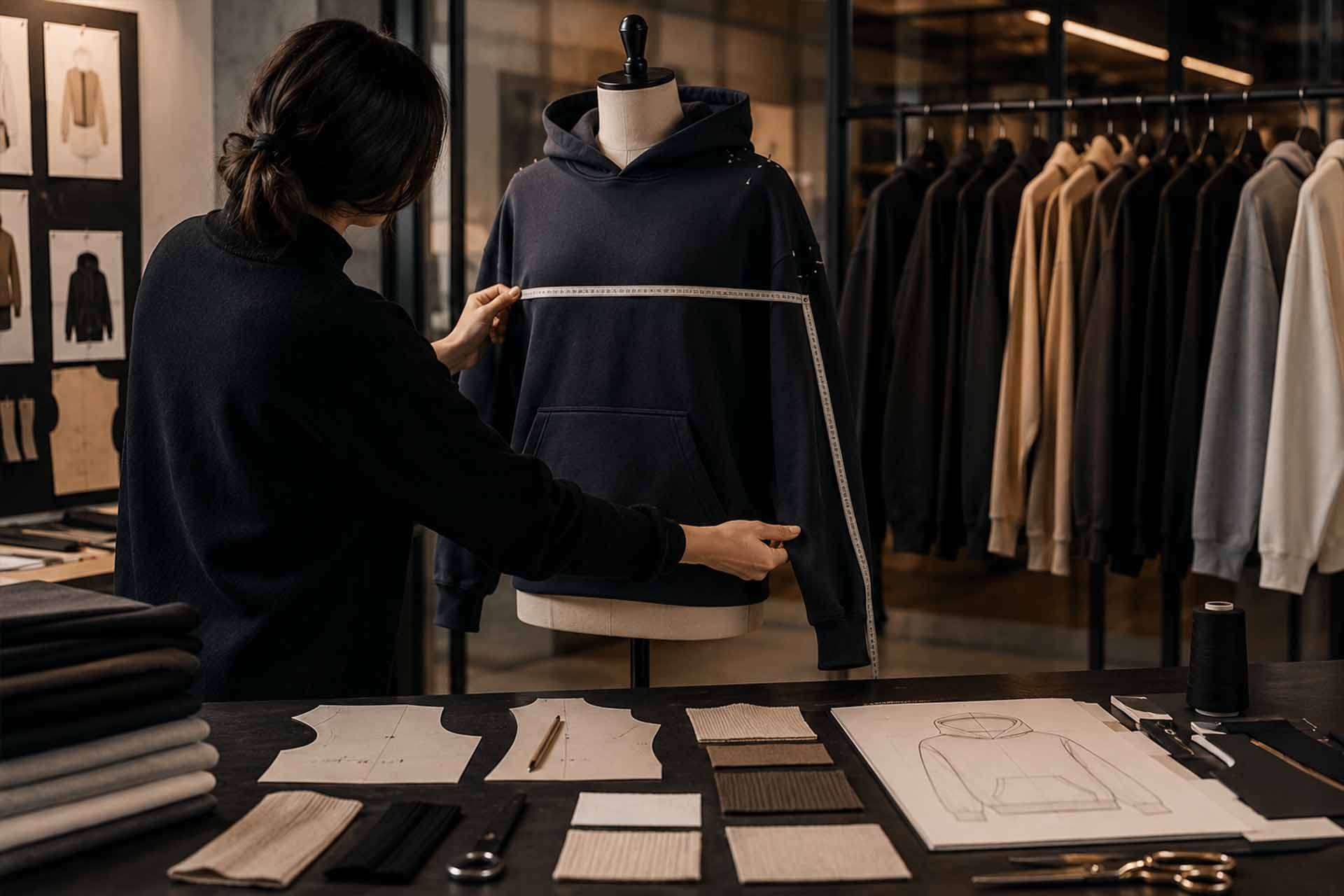 Modetechniker misst und korrigiert die Passform eines Hoodie-Musters vor der Massenproduktion von Bekleidung.
