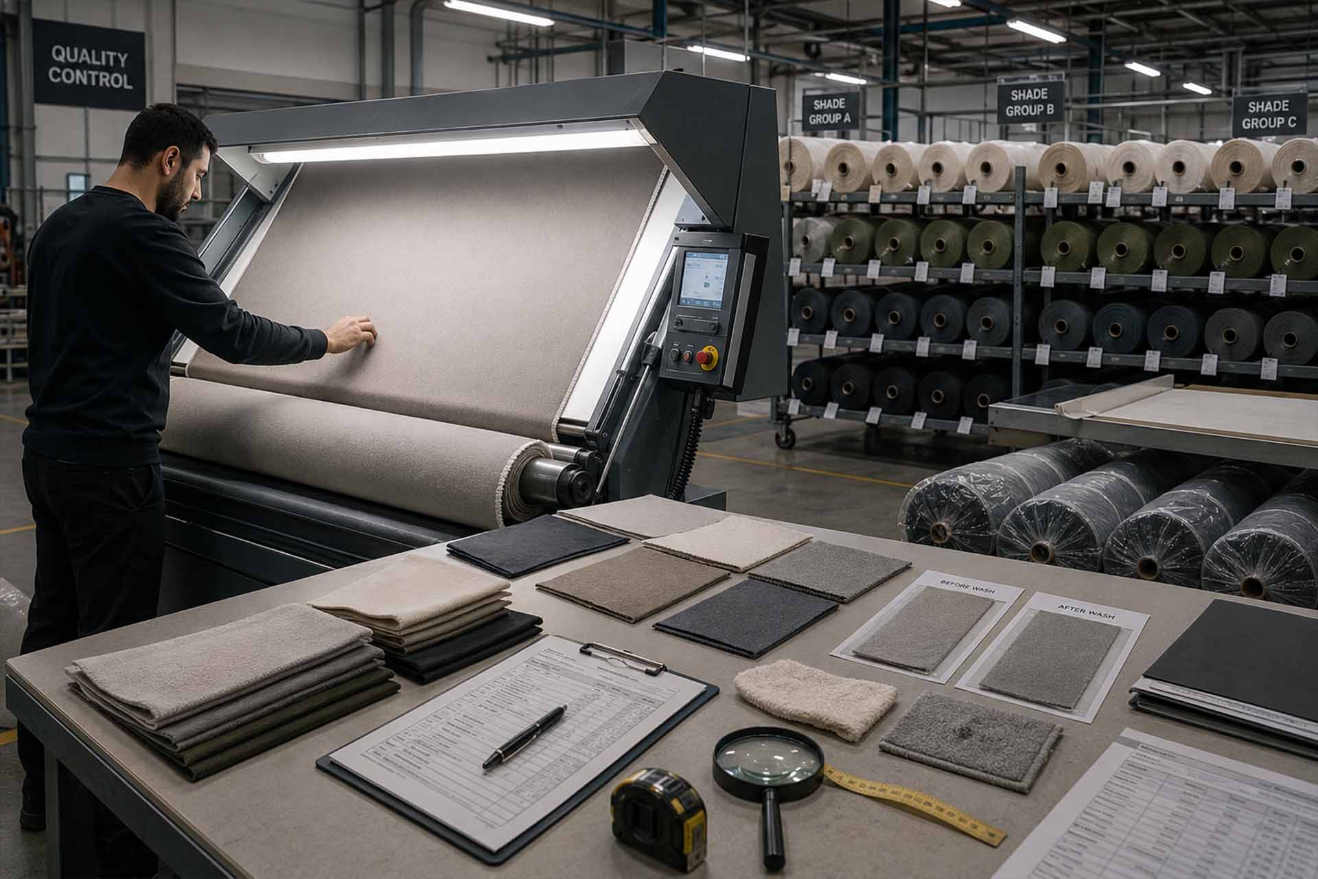 Der fertige Stoff durchläuft vor dem Zuschnitt und der Produktion eine Qualitätsprüfung, Farbtonkontrolle und Freigabe.