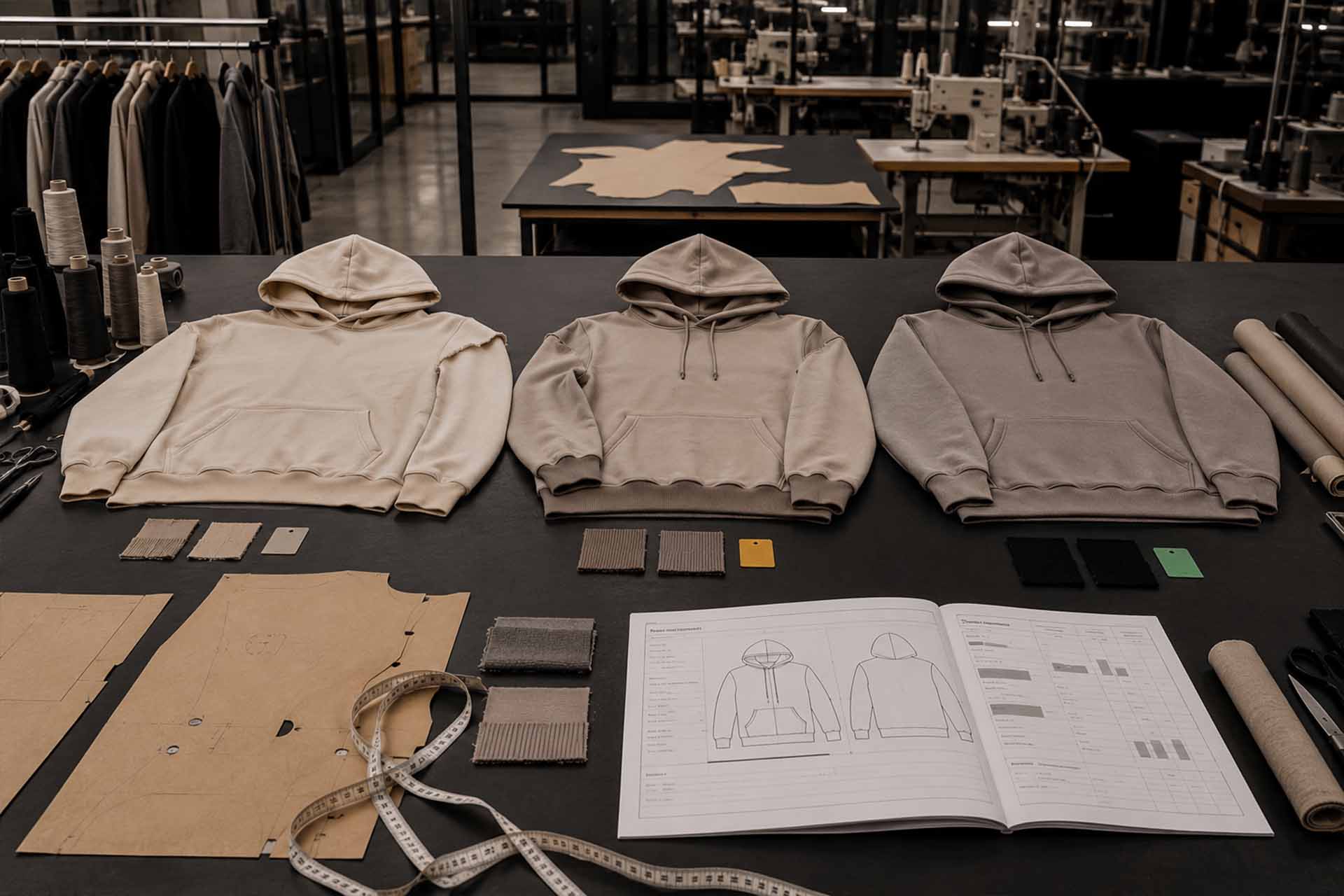 Phasen der Bekleidungsmustererstellung: Prototypen, überarbeitete und genehmigte Hoodie-Muster auf einem Modeentwicklungstisch.
