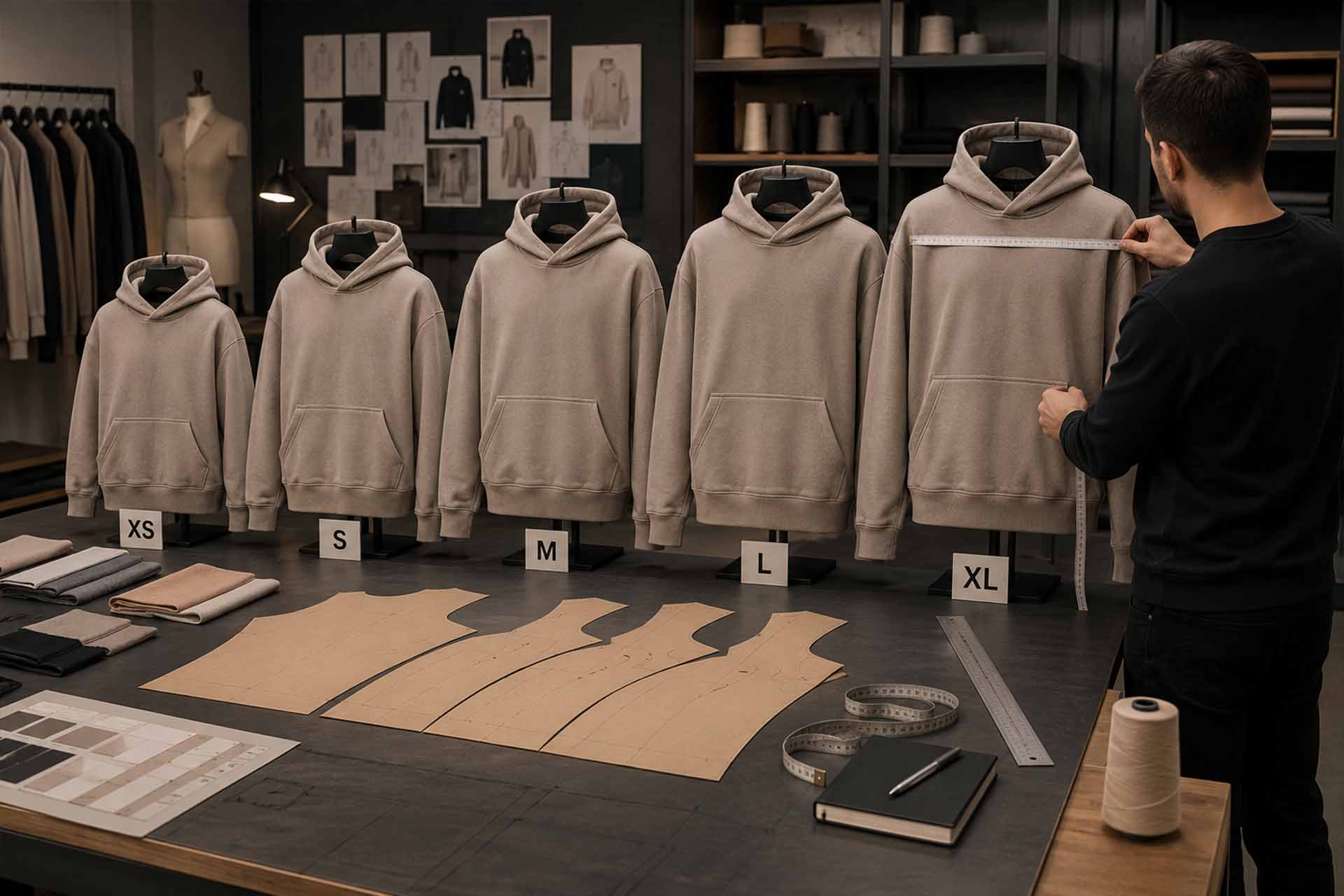 Überprüfung der Größenabstufung von Hoodies mit mehreren Konfektionsgrößen, abgestuften Schnittmustern und Messwerkzeugen in einer Bekleidungsfabrik