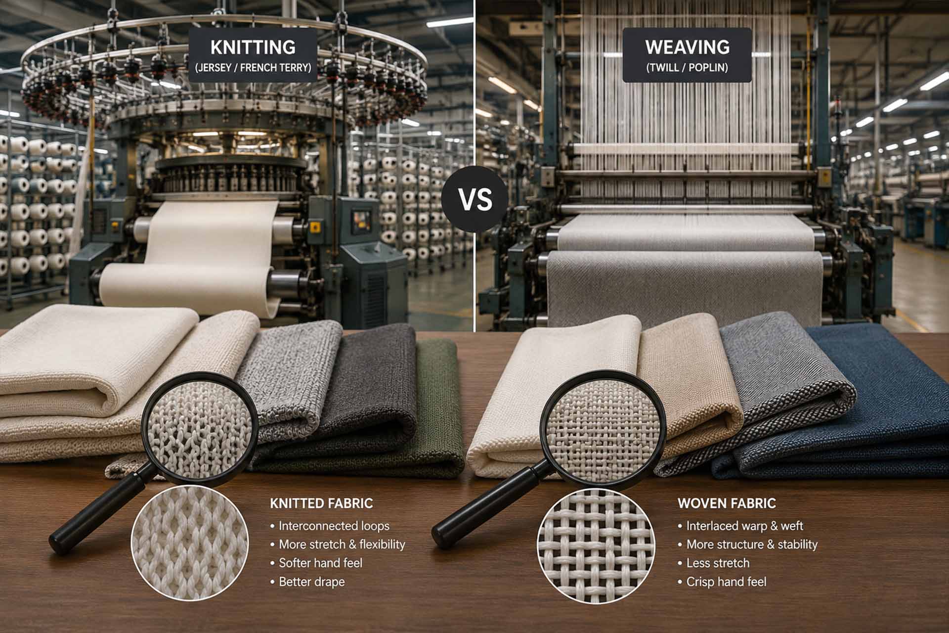 Moderne Strick- und Webmaschinen produzieren in einer organisierten Textilfabrik Strickwaren und Webstoffe.