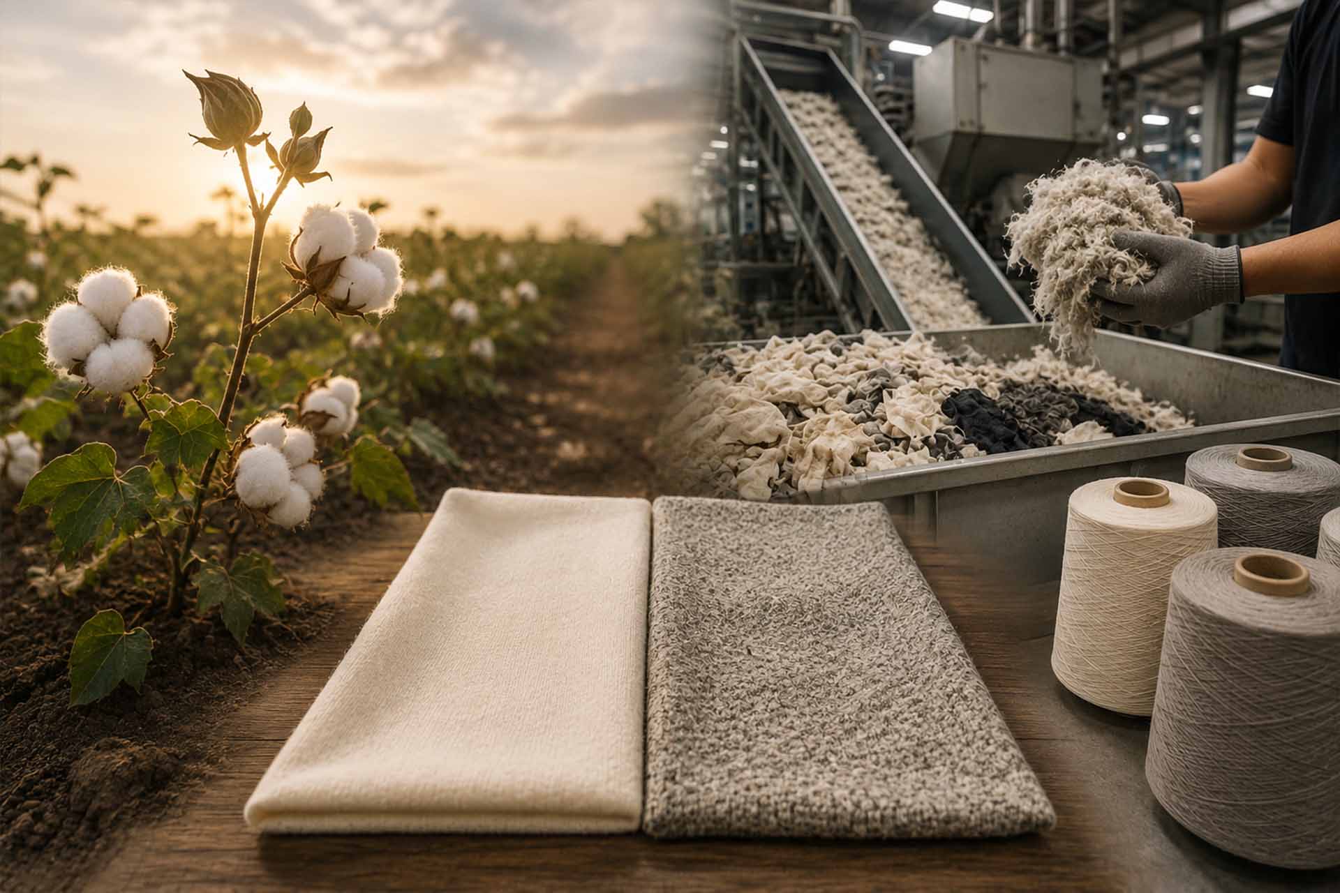 Ökologischer Baumwollanbau und die Produktion von recycelter Baumwolle werden als zwei unterschiedliche Ansätze zur Reduzierung der Textil-Umweltauswirkungen dargestellt.