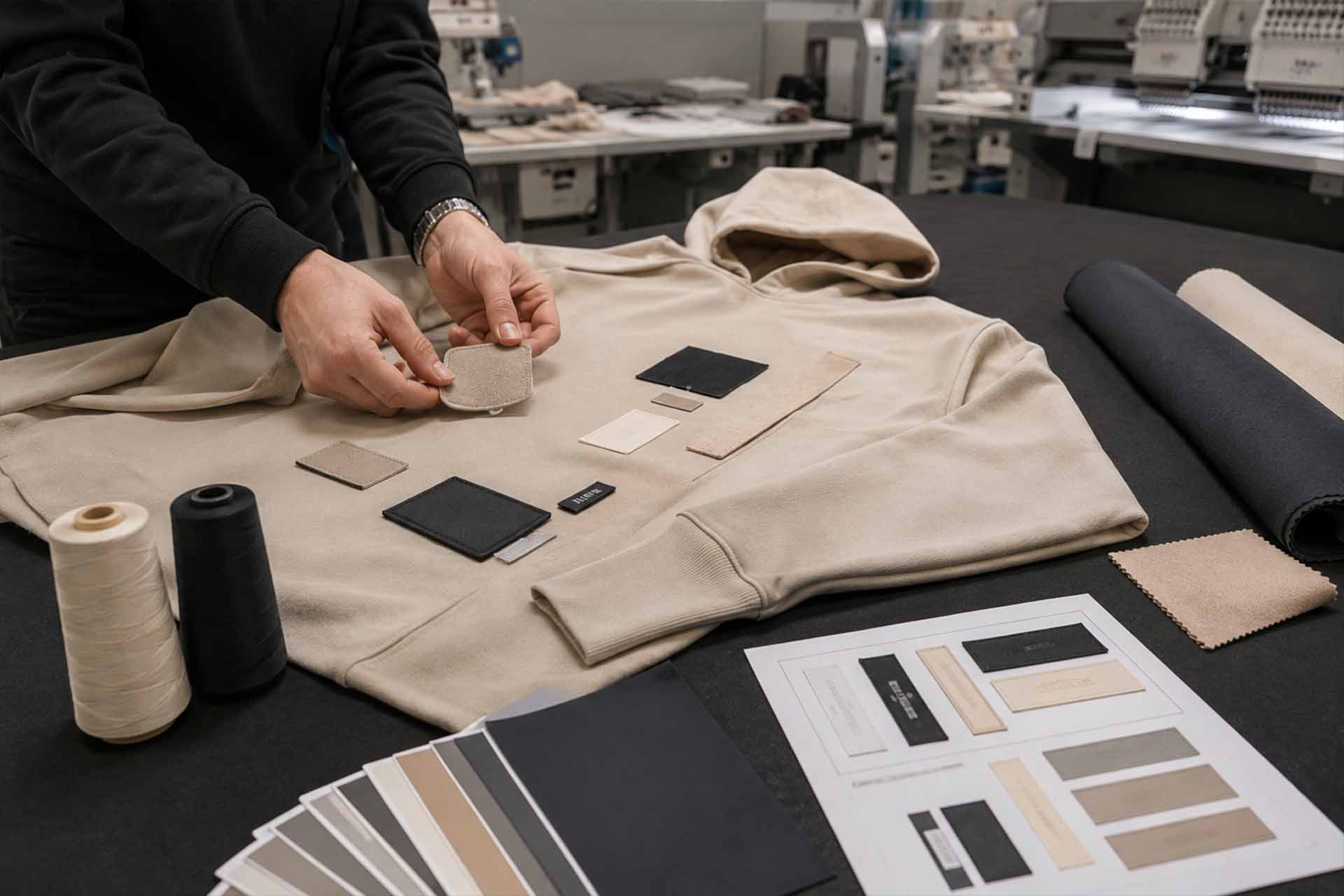 Hochwertige Streetwear-Aufnäher und gewebte Etiketten werden für eine individuelle Bekleidungskollektion entwickelt.