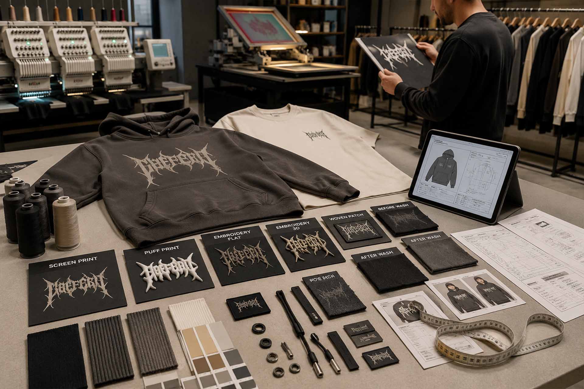 Druck- und Stickmuster für die individuelle Streetwear-Fertigung in Istanbul.