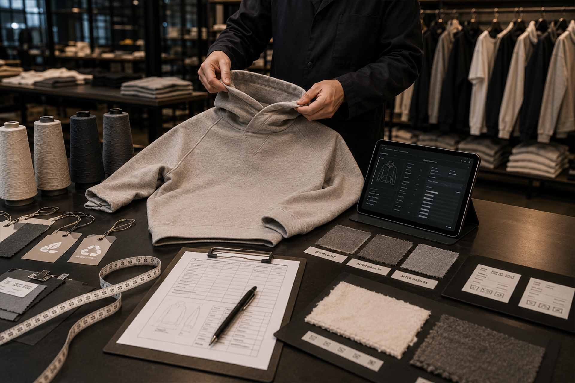 Qualitätskontrollspezialist prüft einen Hoodie aus recyceltem Stoff anhand von Materialproben, Messinstrumenten und Rückverfolgbarkeitsdokumenten.