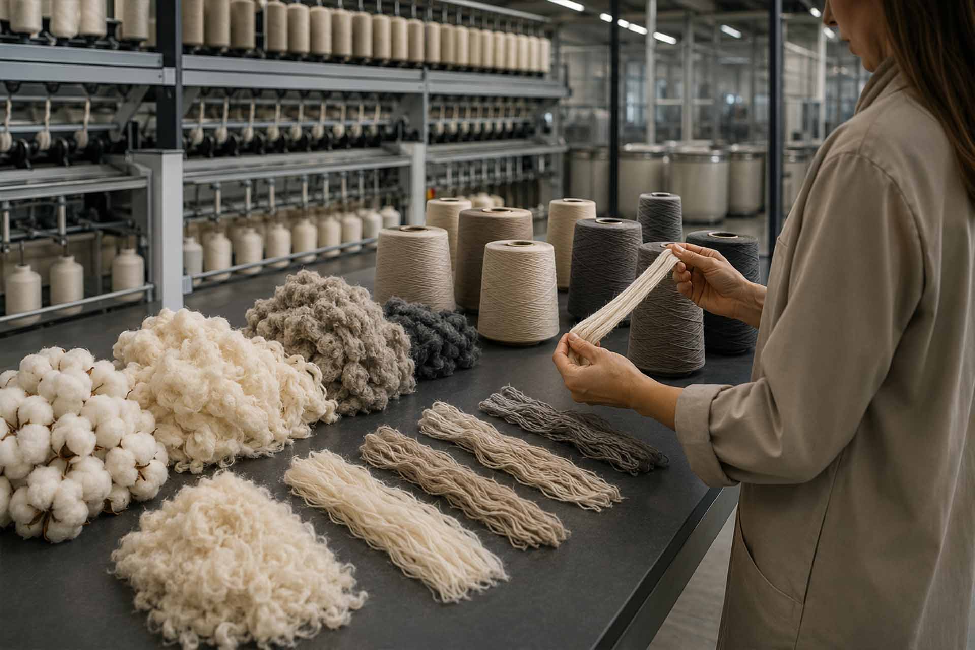 Rohbaumwollfasern und Garnkonen, die den Faseraufbereitungs- und Garnspinnprozess in einer modernen Textilfabrik zeigen.