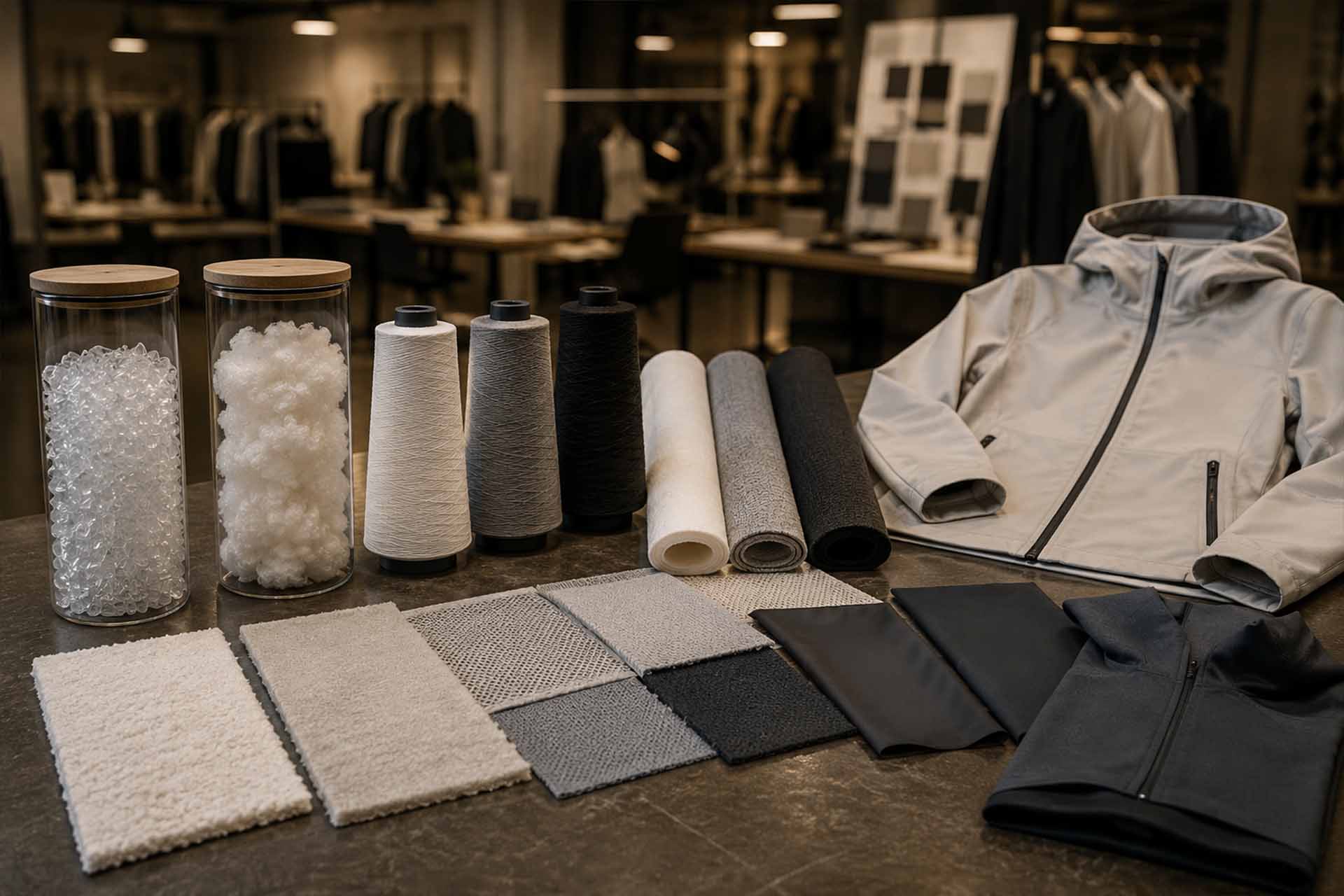 Recycelte PET-Pellets, Polyesterfasern, Garne und Funktionsgewebeproben werden in einem Premium-Textilentwicklungsstudio ausgestellt.