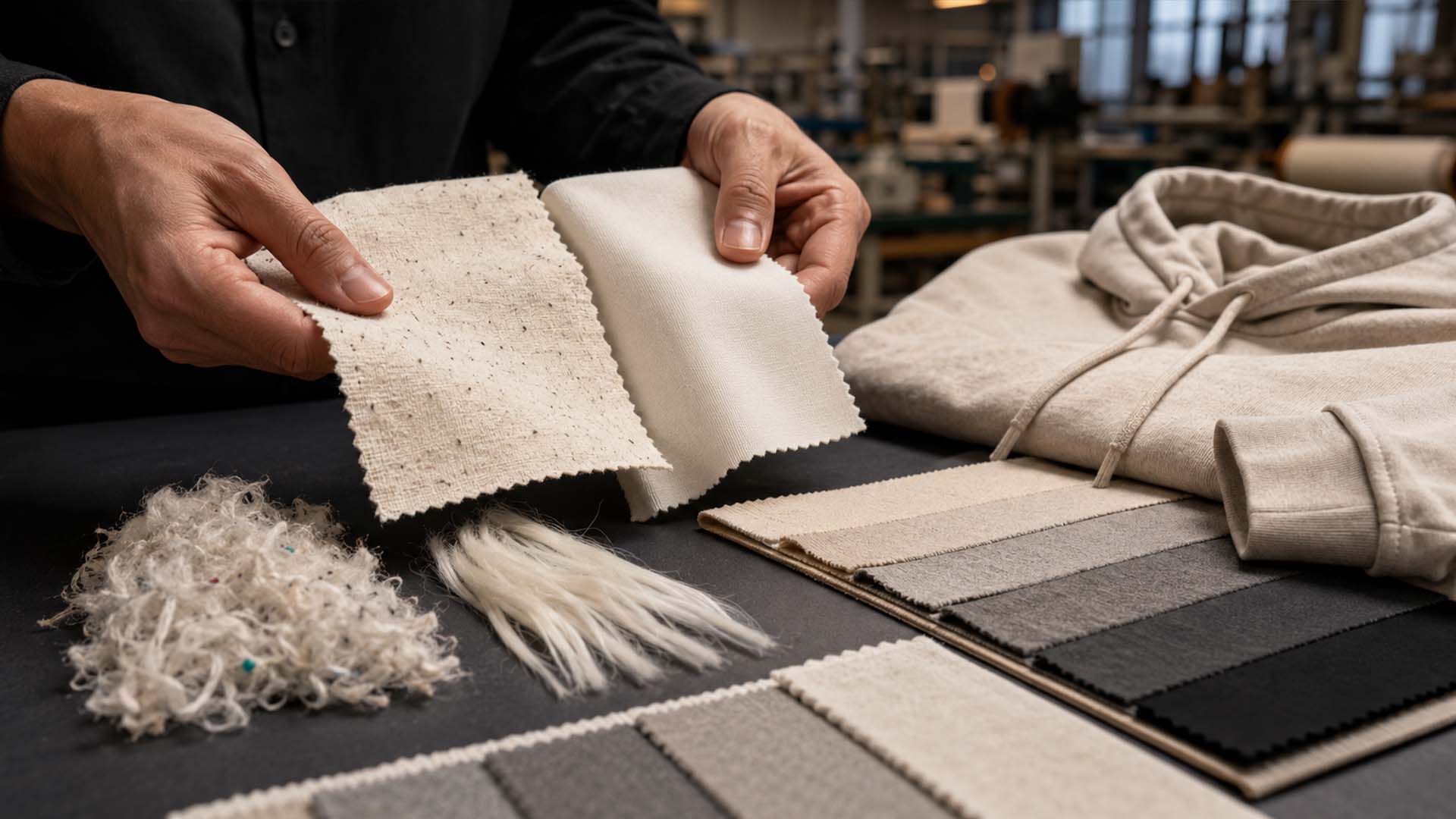 Stoffproben aus recycelter Baumwolle und neuer Baumwolle werden hinsichtlich Faserlänge, Textur und Haltbarkeit des Kleidungsstücks verglichen.