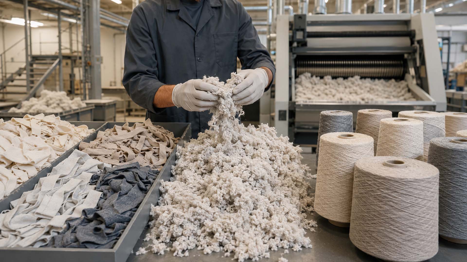 Sortierte Baumwolltextilabfälle werden in einer modernen Textilanlage mechanisch zu Fasern und neuem Garn recycelt.