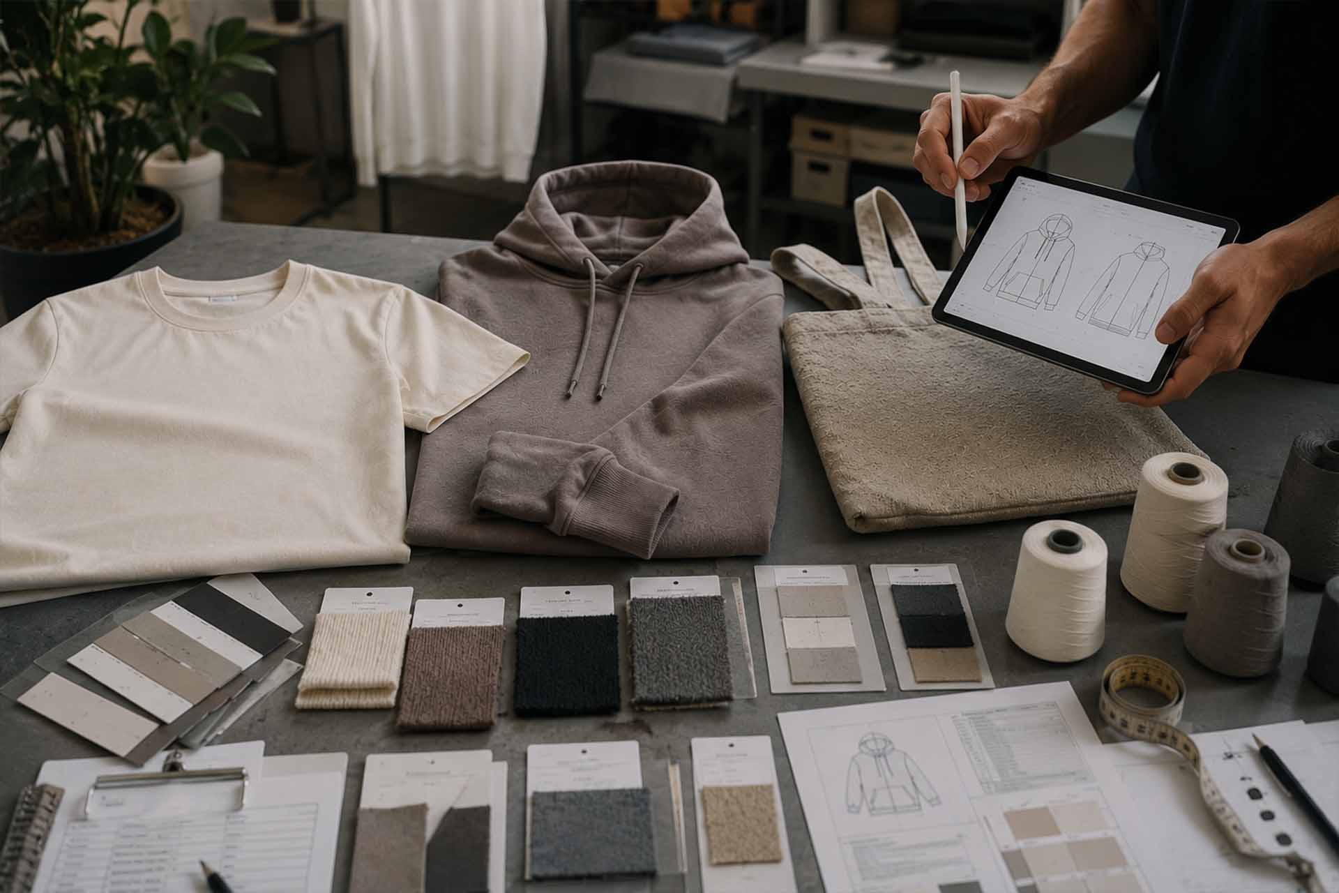 Streetwear-Kollektionsentwicklung unter Verwendung von Bio-Baumwolle, recycelter Baumwolle und Mischgeweben für verschiedene Kleidungsstücke