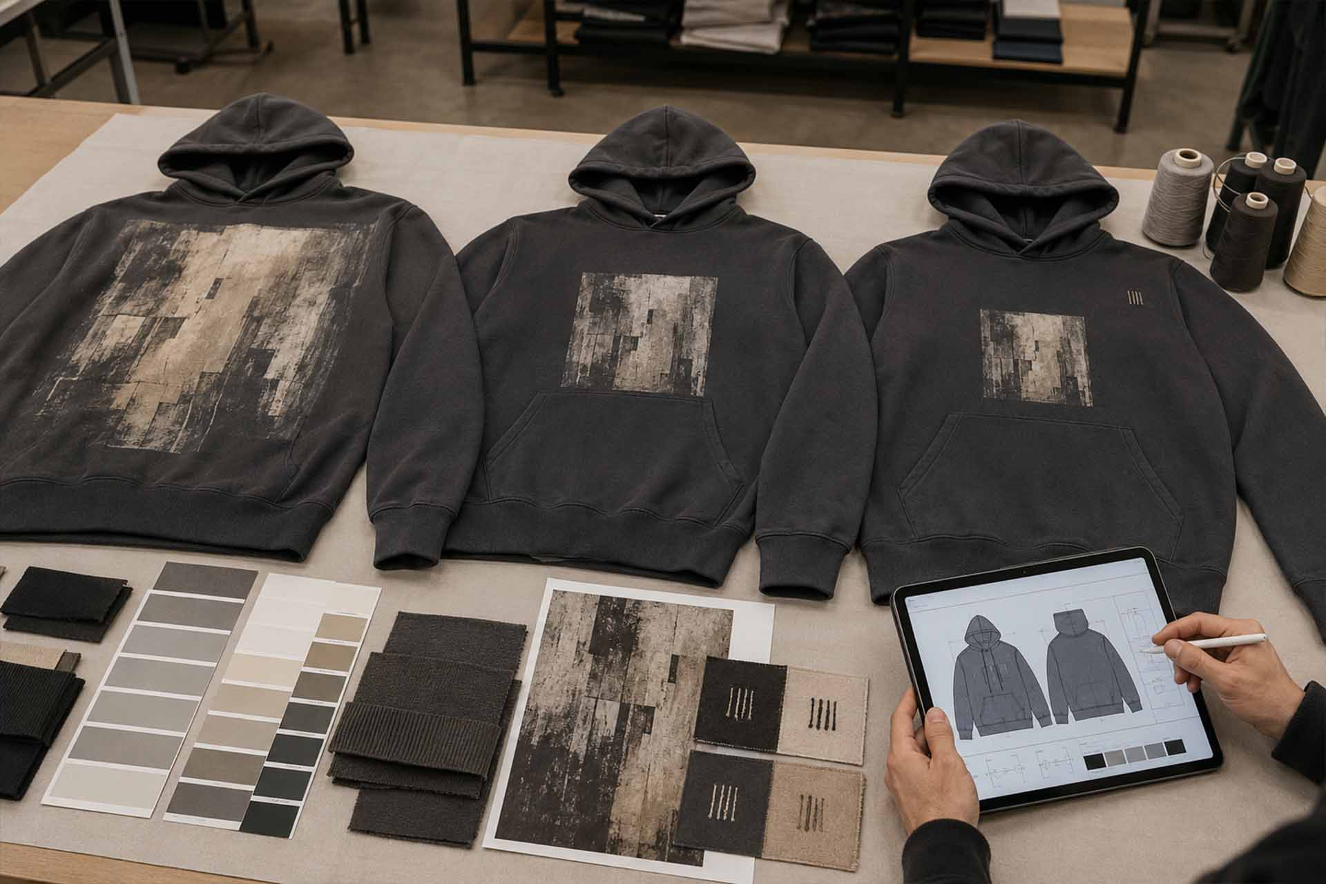 Muster für Streetwear-Hoodies mit Drucken und Stickereien werden vor der Massenproduktion der Kleidung geprüft.