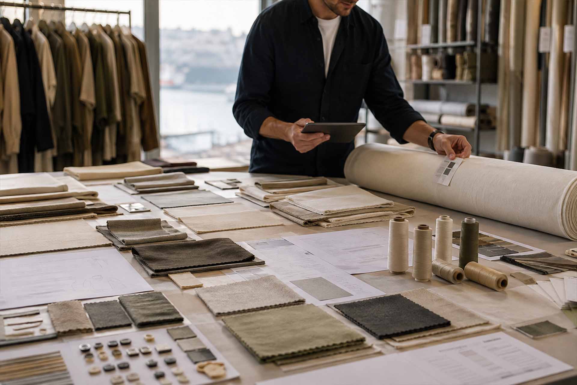 Zertifizierte nachhaltige Stoffmuster werden für die Bekleidungsproduktion in der Türkei geprüft.