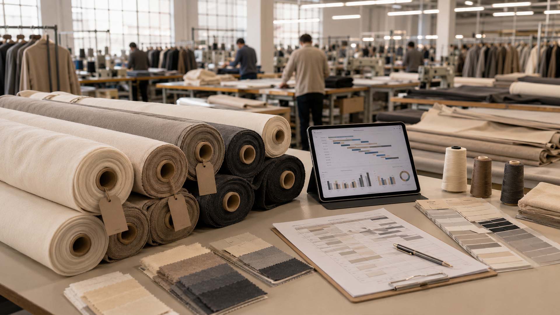 Stoffrollen und Produktionsplanung wurden im Voraus für die Ausweitung eines Eigenmarkenauftrags auf höhere Mengen vorbereitet.