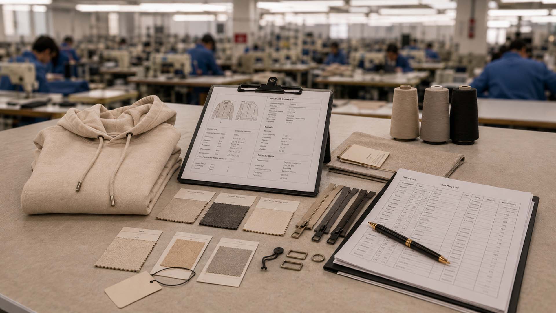 Stoffmuster, Besätze und Produktionsdokumente sind auf einem Tisch für die Modeentwicklung zur Planung der Rückverfolgbarkeit angeordnet.