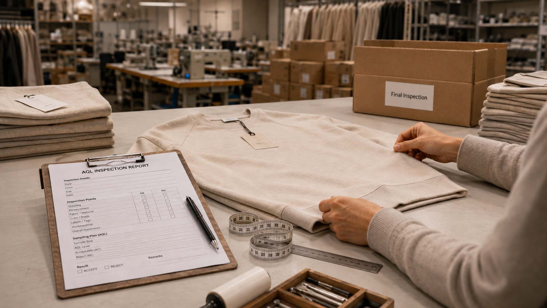Abschließende AQL-Kontrolle der Bekleidung vor Freigabe der Bekleidungsproduktion für den Versand