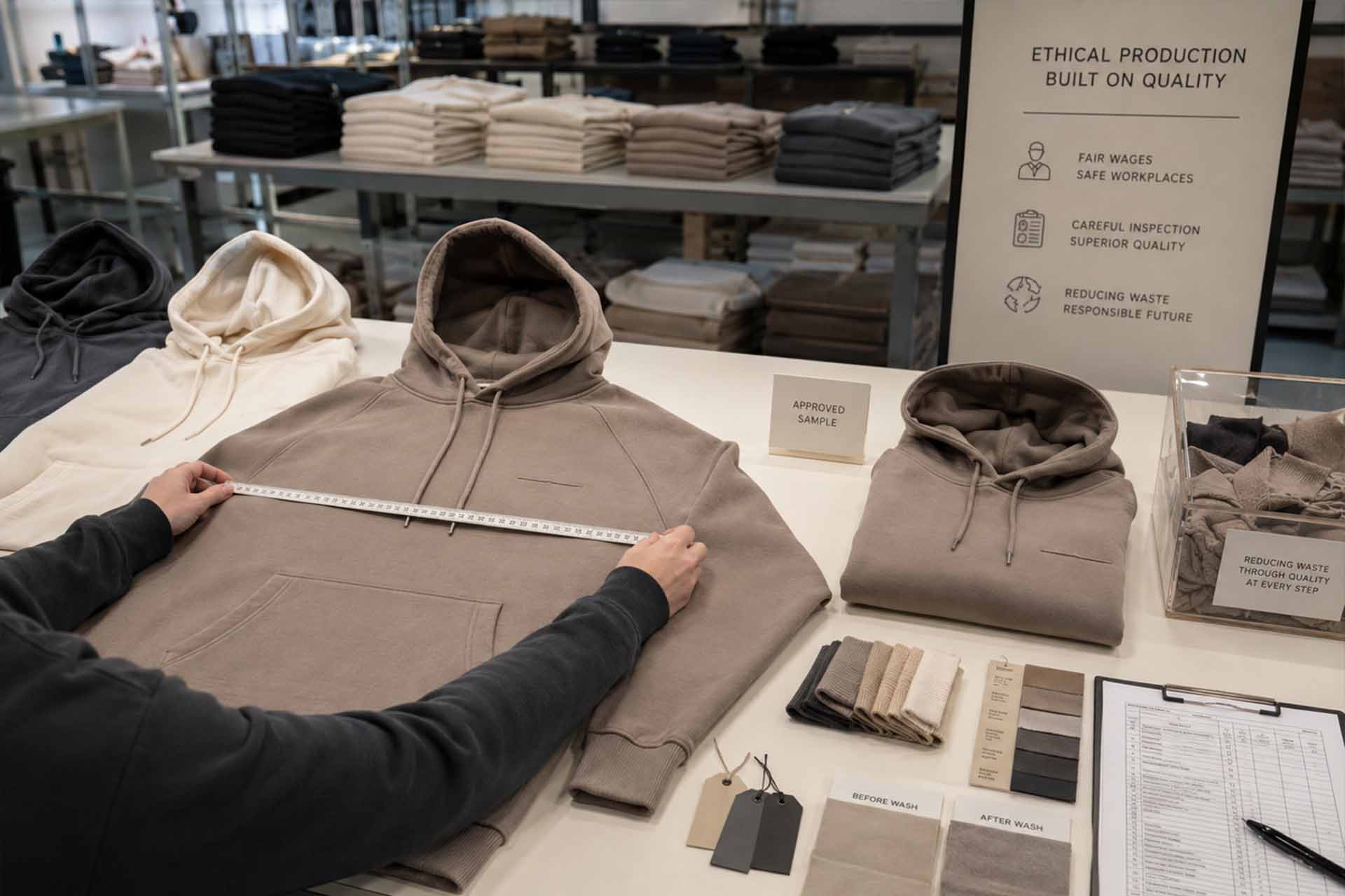 Qualitätskontrolle von Premium-Hoodies mit Maßen, freigegebenen Mustern und Stoffprüfmaterialien.