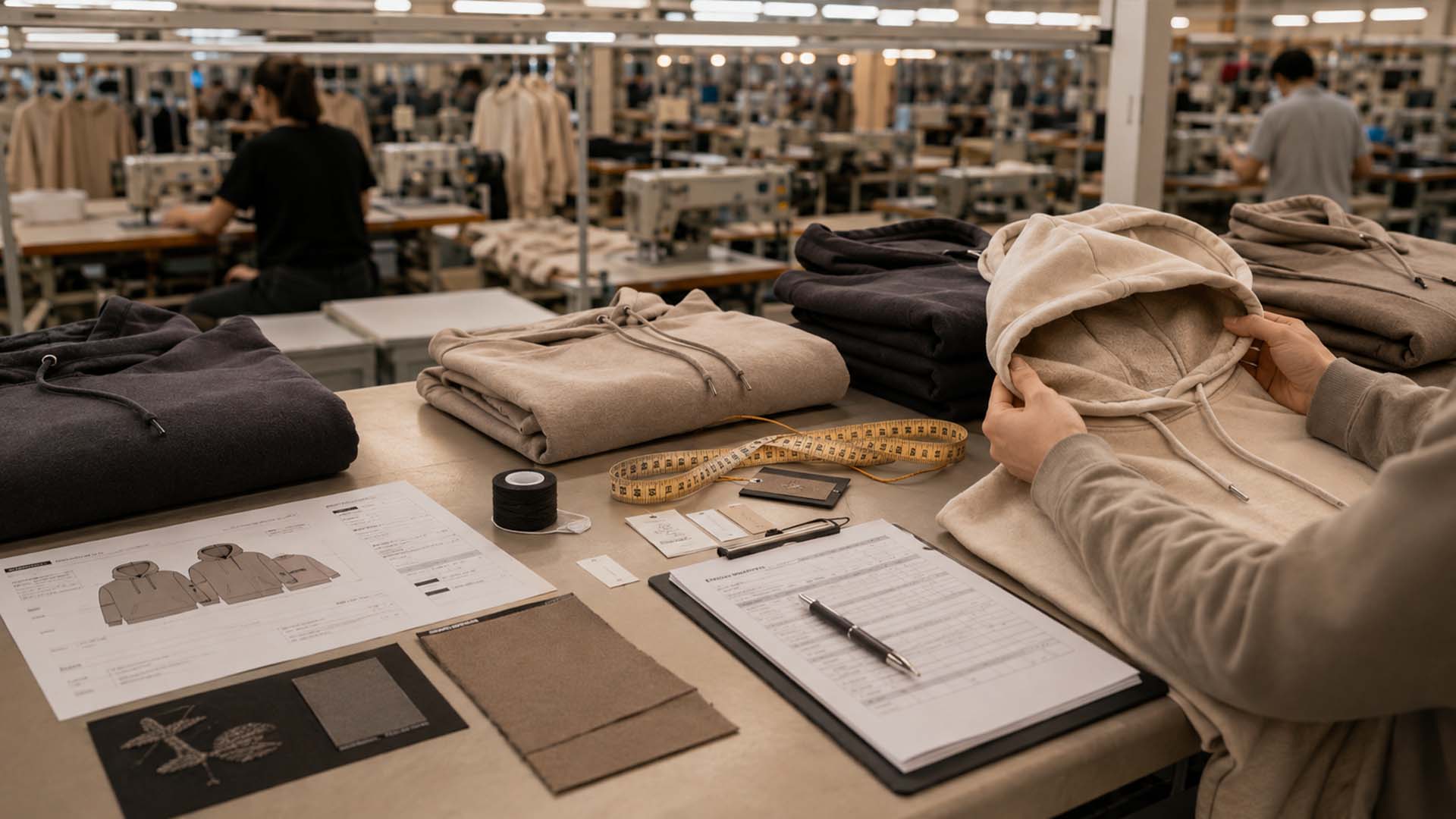 Qualitätskontrolle von Hoodies während einer groß angelegten Eigenmarkenproduktion.