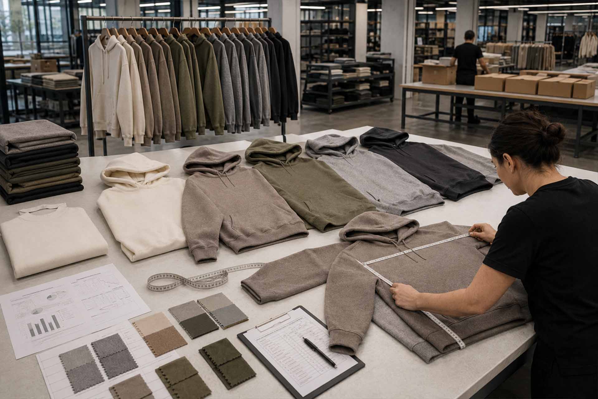 Qualitätskontrolle von nachhaltigen Hoodies bei einem Bekleidungshersteller in der Türkei