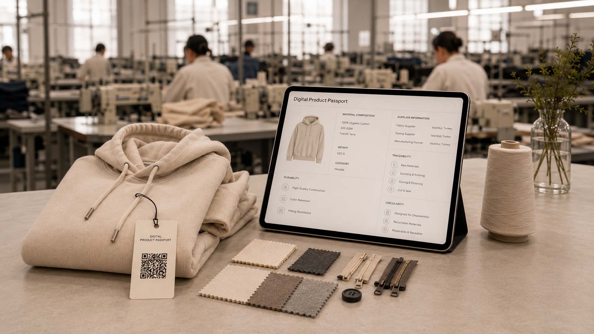 Tablet mit digitalem Produktpass neben einem hochwertigen Hoodie in einer professionellen Textilfabrik in Istanbul.