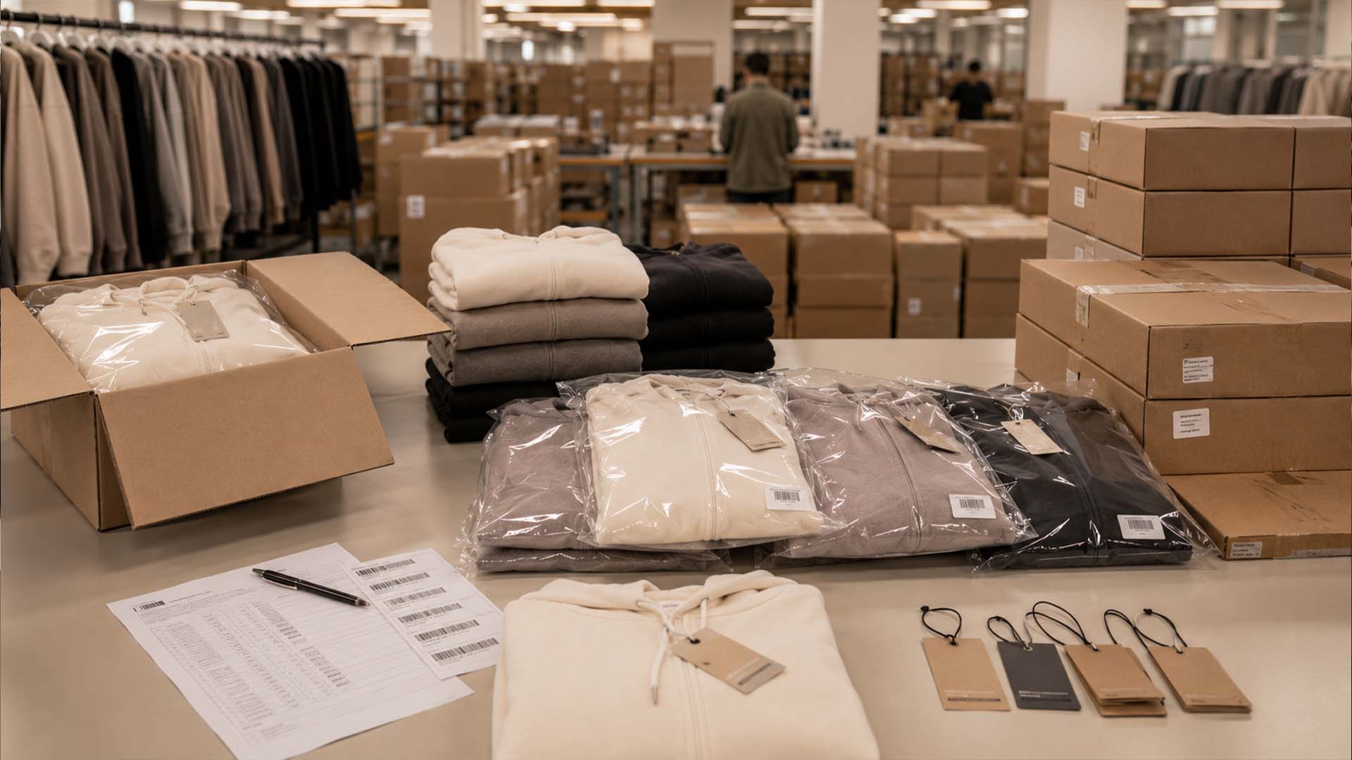 Tausende von Eigenmarken-Kleidungsstücken werden in einer Bekleidungsfabrik qualitätsgeprüft, verpackt und für den Massenversand vorbereitet.