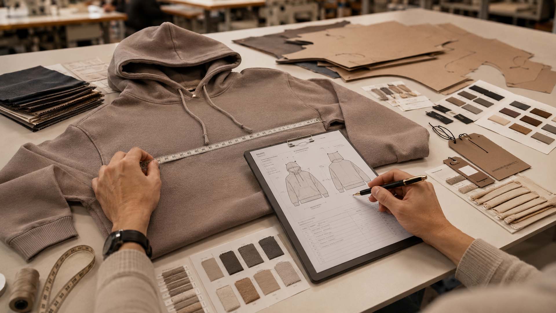Aktualisiertes technisches Datenblatt für Hoodies, freigegebene Stoffmuster und Maße der Kleidungsstücke für die Ausweitung der Eigenmarkenproduktion.