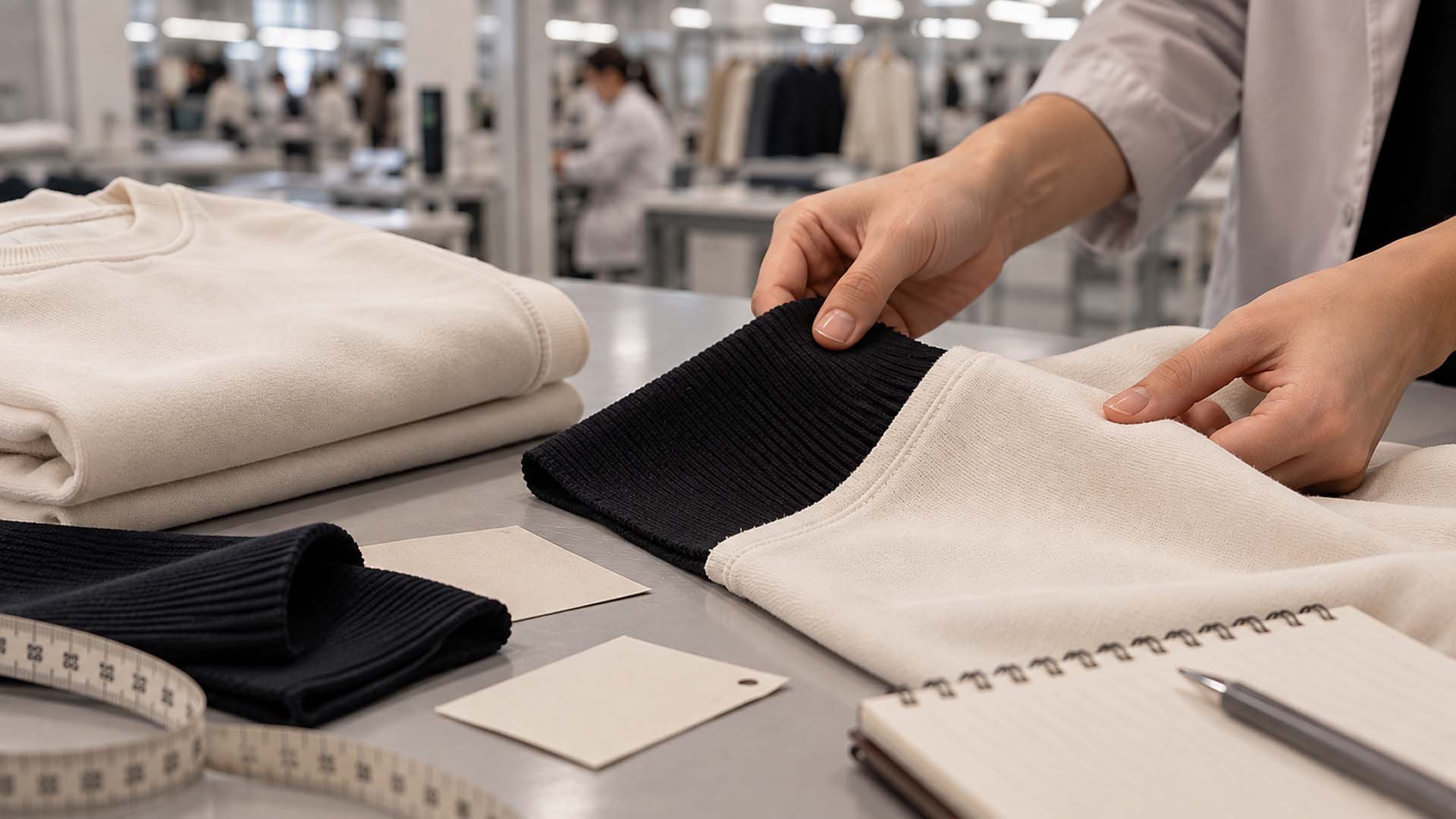 Überprüfung von schwarzem Rippstrick und cremefarbenem Sweatshirtstoff auf Farbübertragung vor der Bekleidungsproduktion