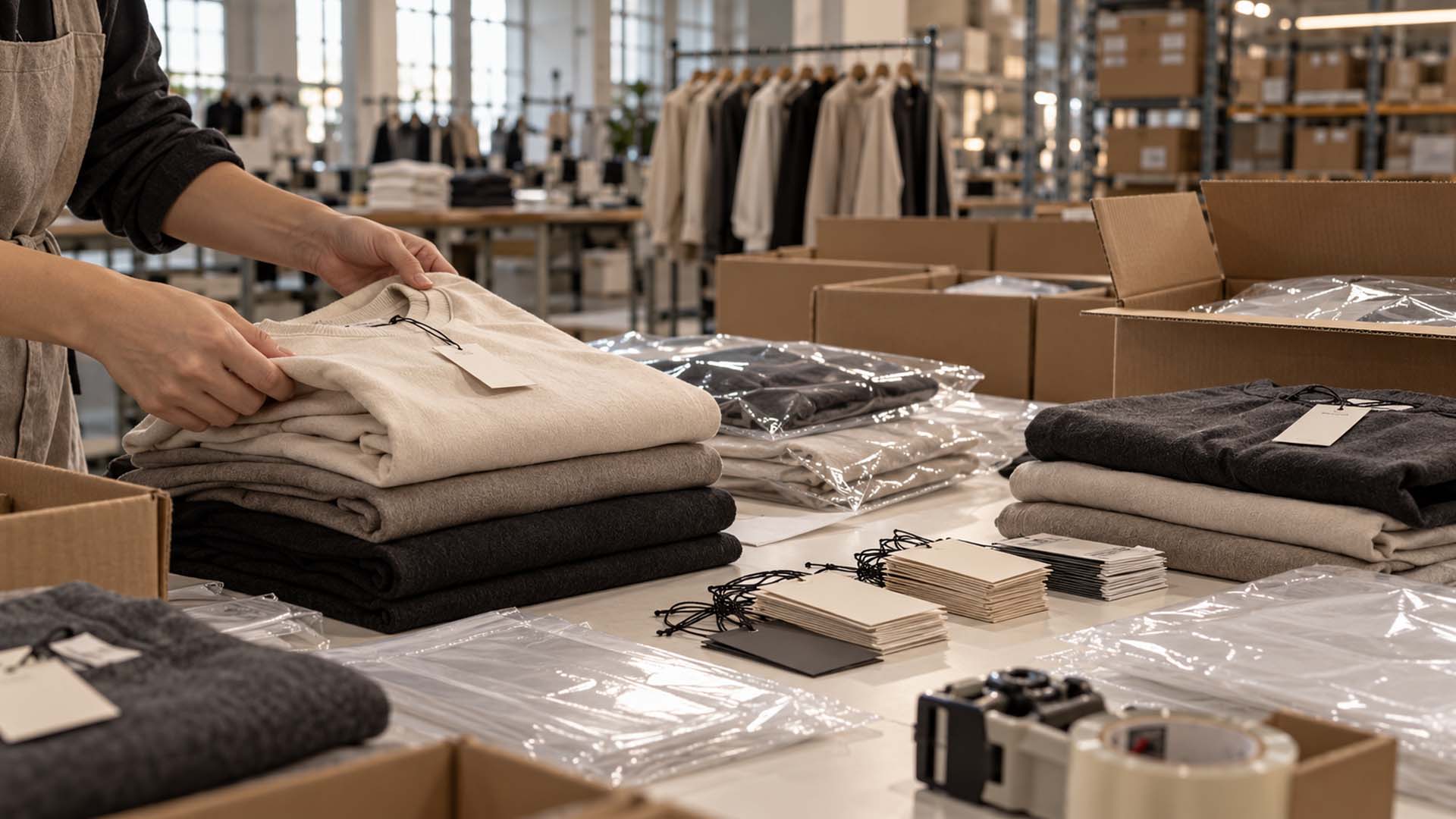 Inspektion, Falten und Verpacken fertiger Kleidungsstücke für den Versand in einer Bekleidungsfabrik