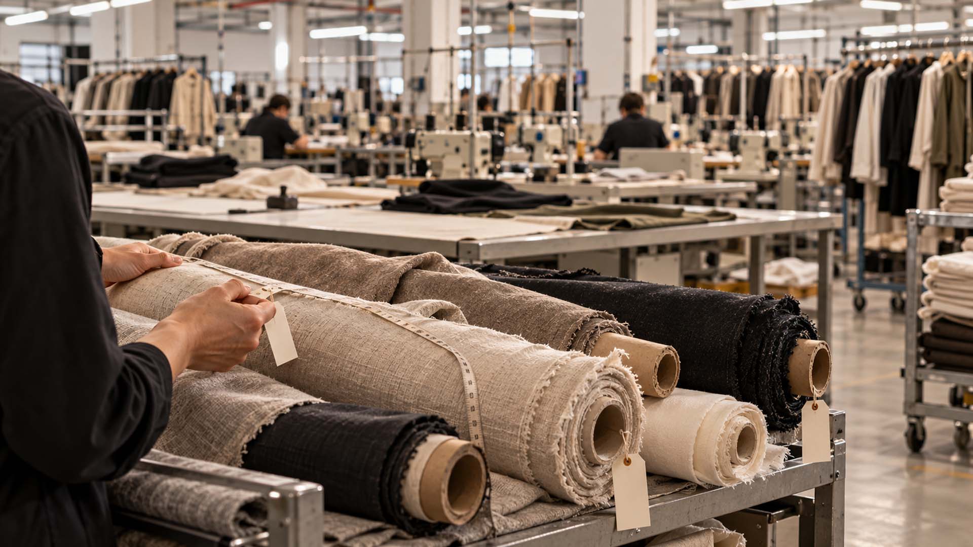 Überprüfung begrenzter Stoffrollen aus Restbeständen (Deadstock) vor der Bekleidungsproduktion