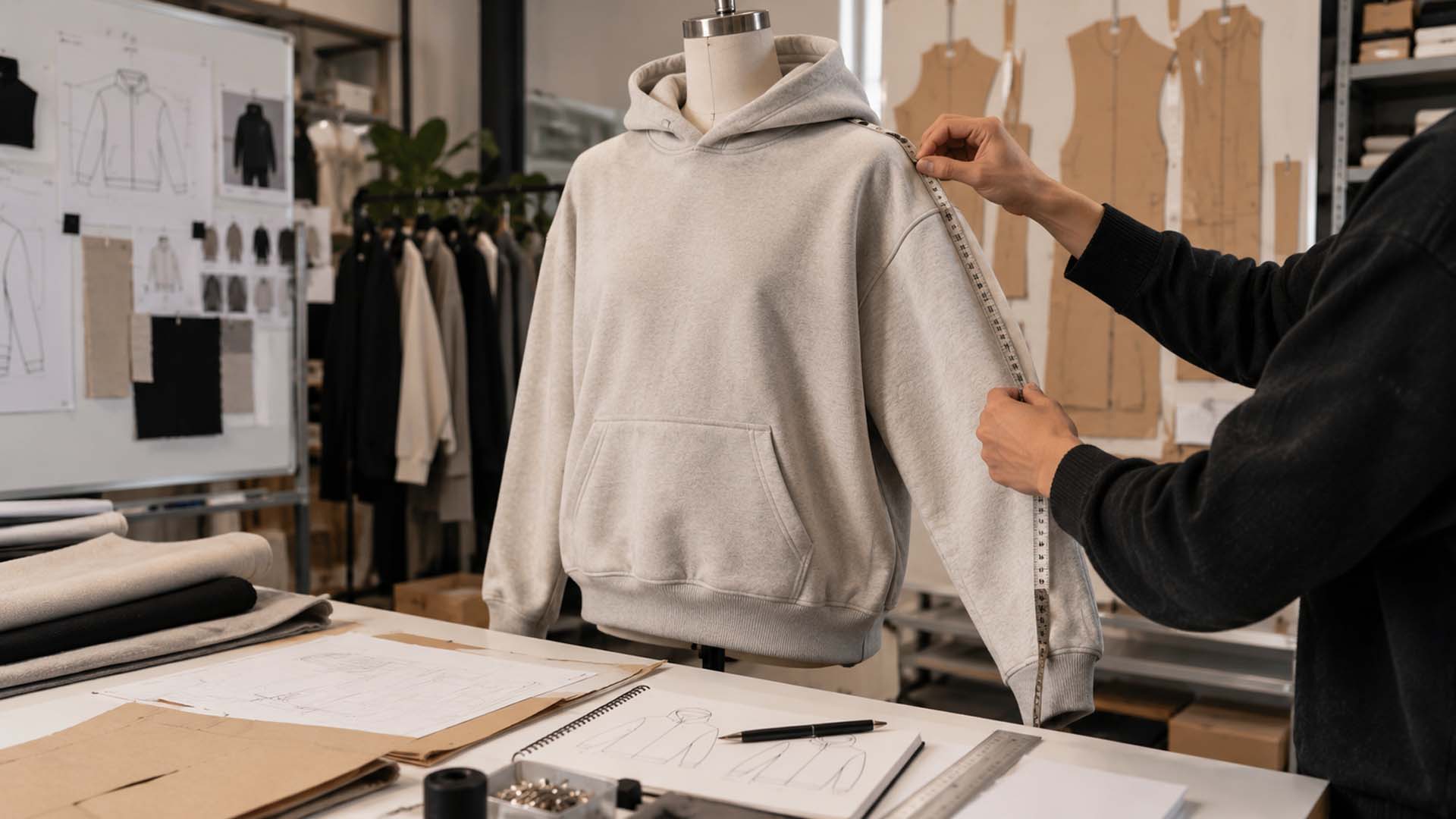 Schnittmacher prüft einen Hoodie-Prototyp und Passformmaße während der Mustererstellung