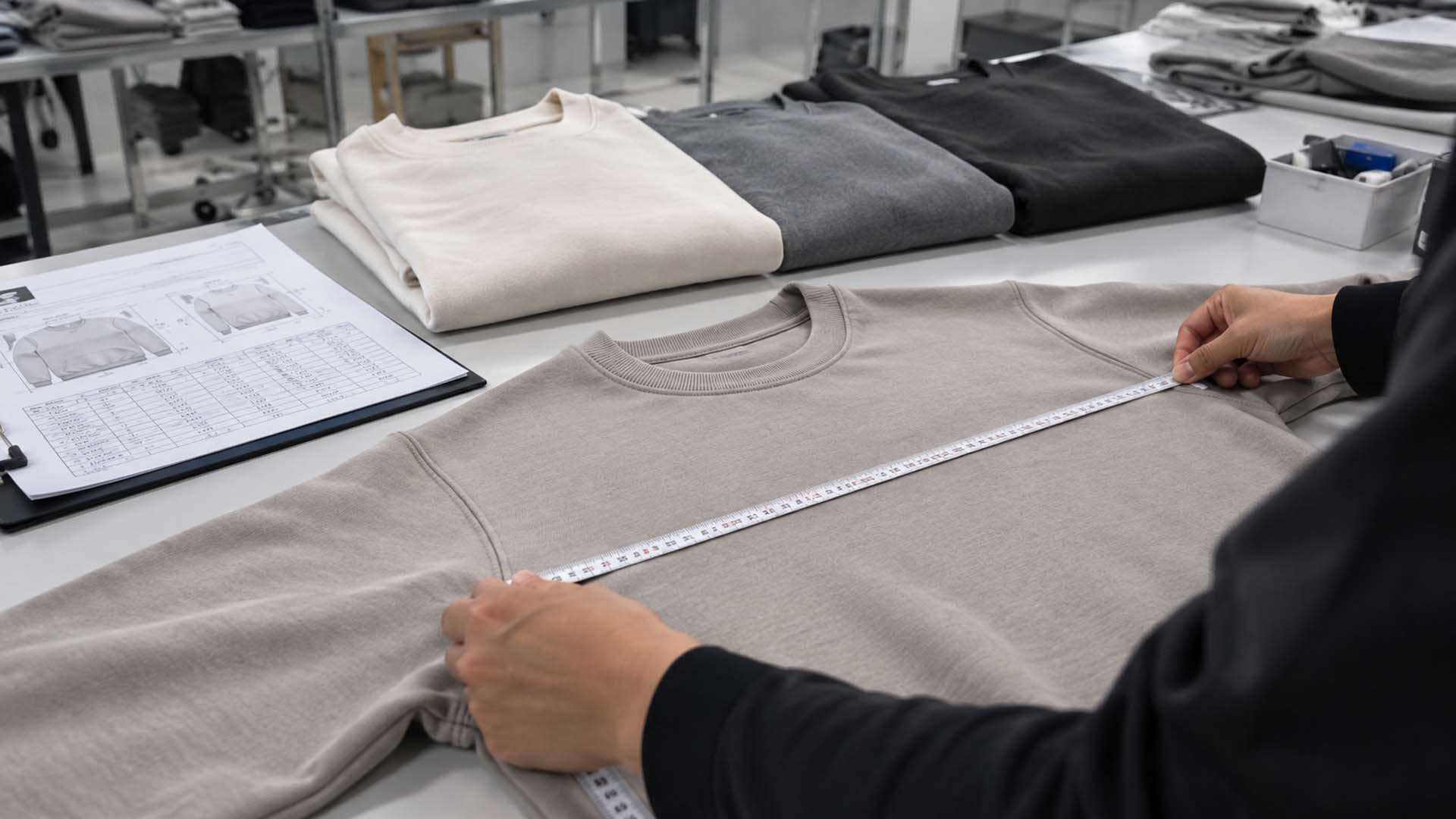 Mitarbeiter der Qualitätskontrolle misst die Brustweite eines Sweatshirts anhand der Spezifikationen und Toleranzvorgaben