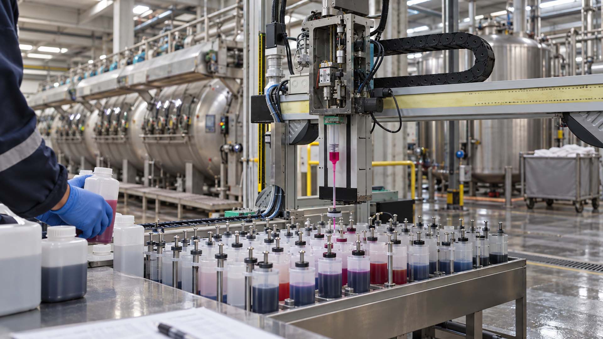 Textiltechniker bereitet kontrollierte Färbechemikalien für eine verantwortungsvolle Bekleidungsproduktion vor
