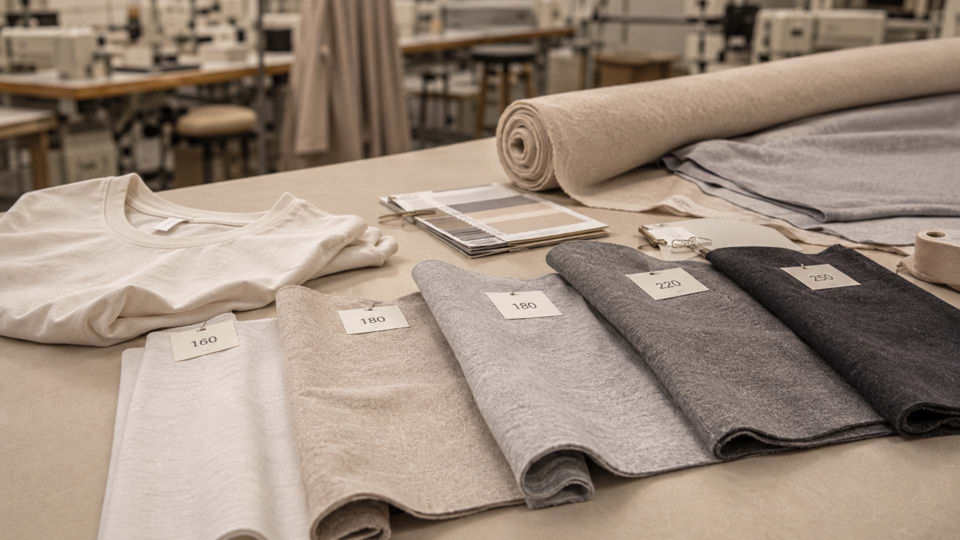 Tişört üretimi için farklı ağırlıklarda pamuklu jarse kumaş örnekleri