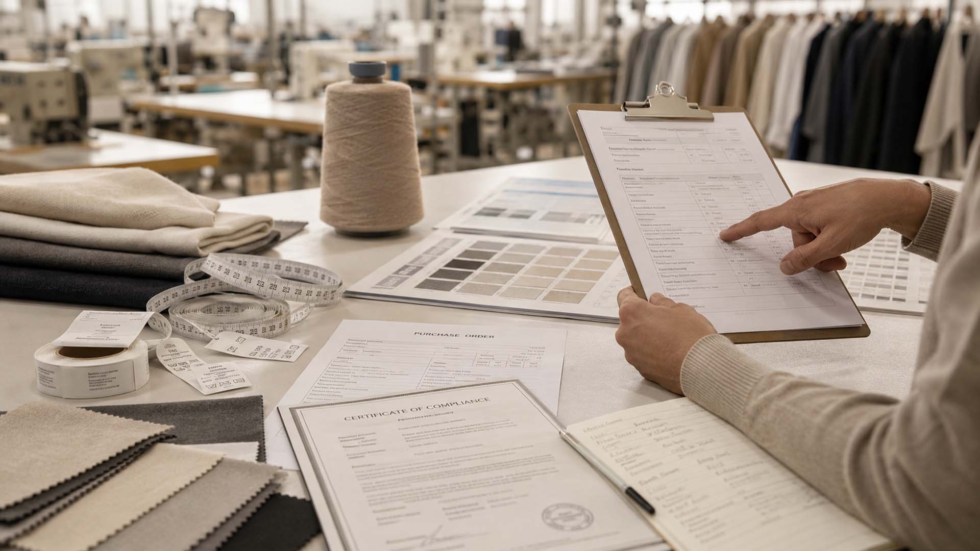 Tekstil sertifikasyonu izlenebilirliği için incelenen moda tedarik belgeleri ve kumaş örnekleri