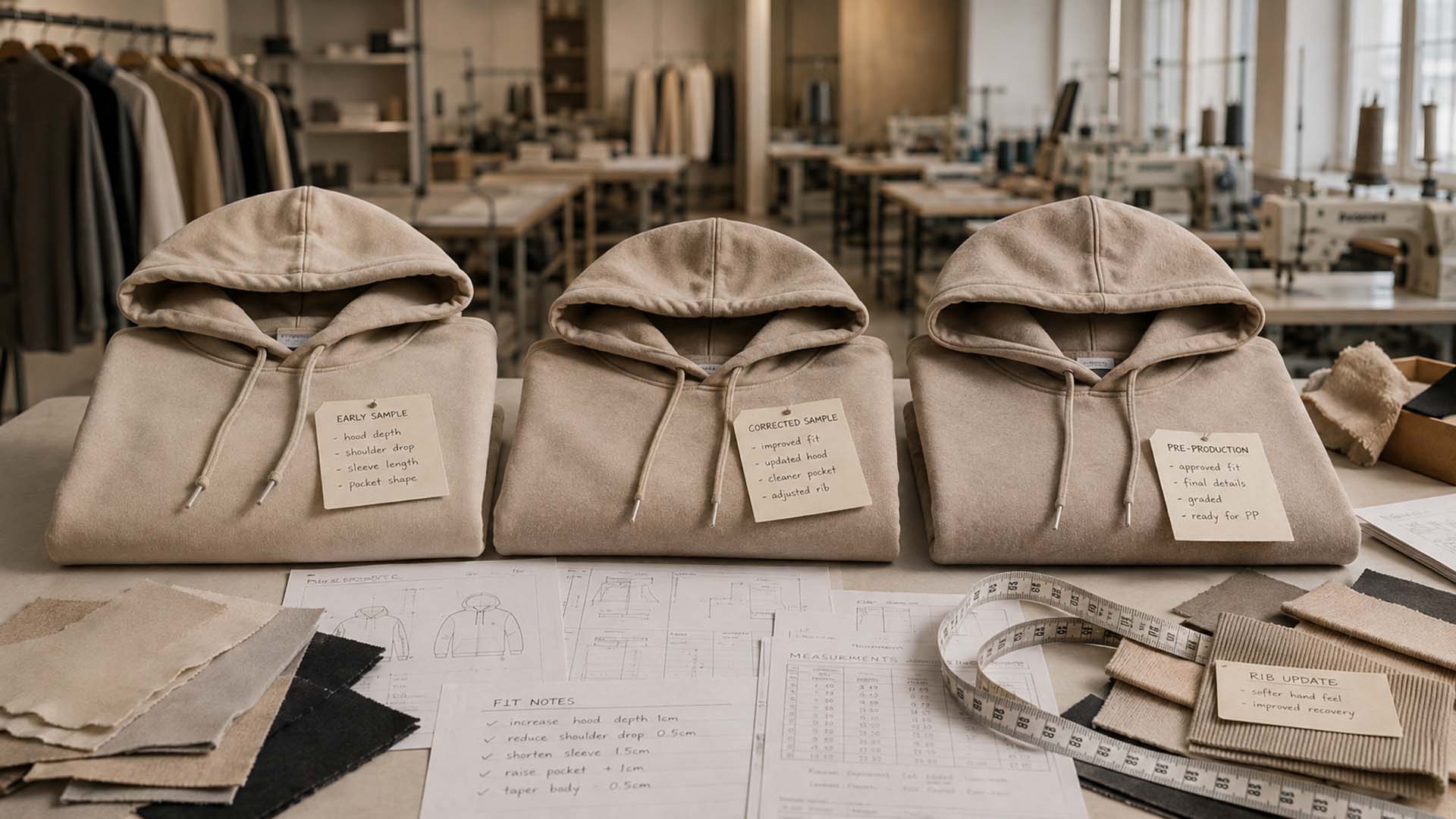 Kapüşonlu sweatshirt prototipleri ve kalıp geliştirme notlarıyla giyim numune alma süreci