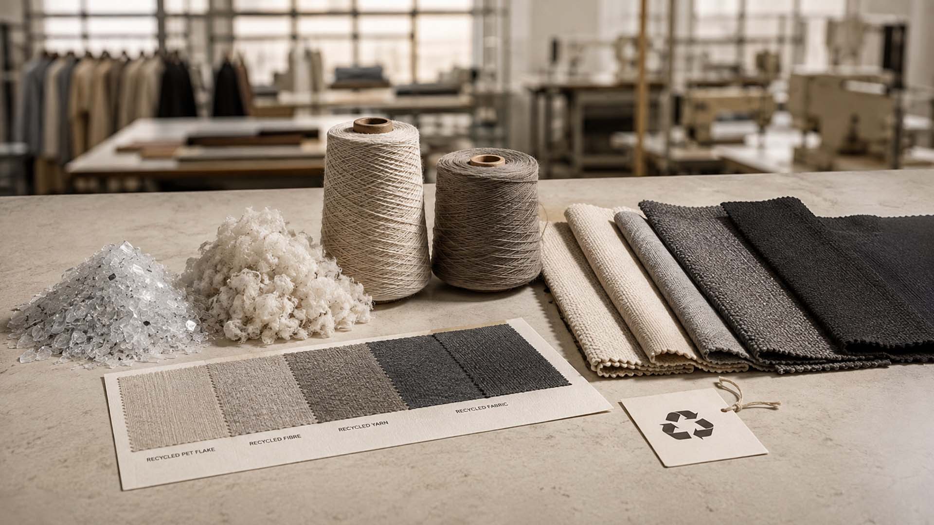 Sertifikalı giyim üretiminde kullanılan geri dönüştürülmüş polyester lifler, iplik ve kumaş örnekleri