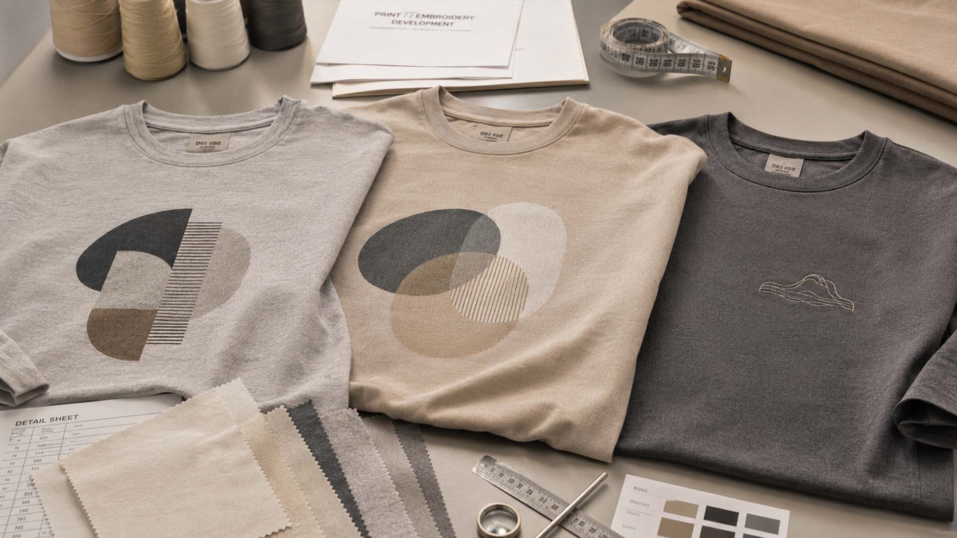 Tişört kumaş örneklerinde serigrafi, DTF baskı ve nakış testleri
