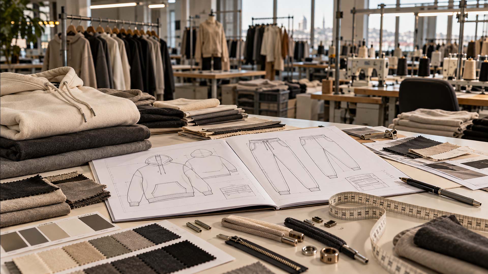 Bir moda geliştirme masası üzerinde; giysi ölçüleri, kumaş numuneleri ve üretim notlarını içeren bir giysi teknik föyü