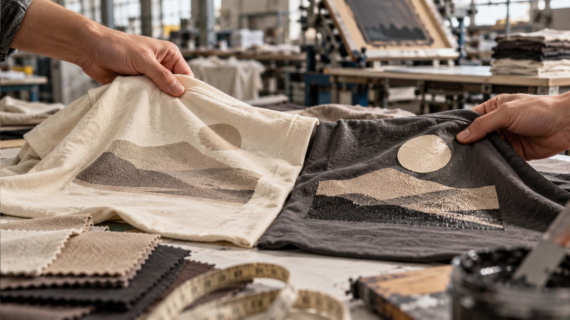 Pamuklu kumaş üzerine su bazlı ve plastisol serigrafi baskının baskı hissi ve mürekkep dokusundaki farklılıkları gösteren karşılaştırma