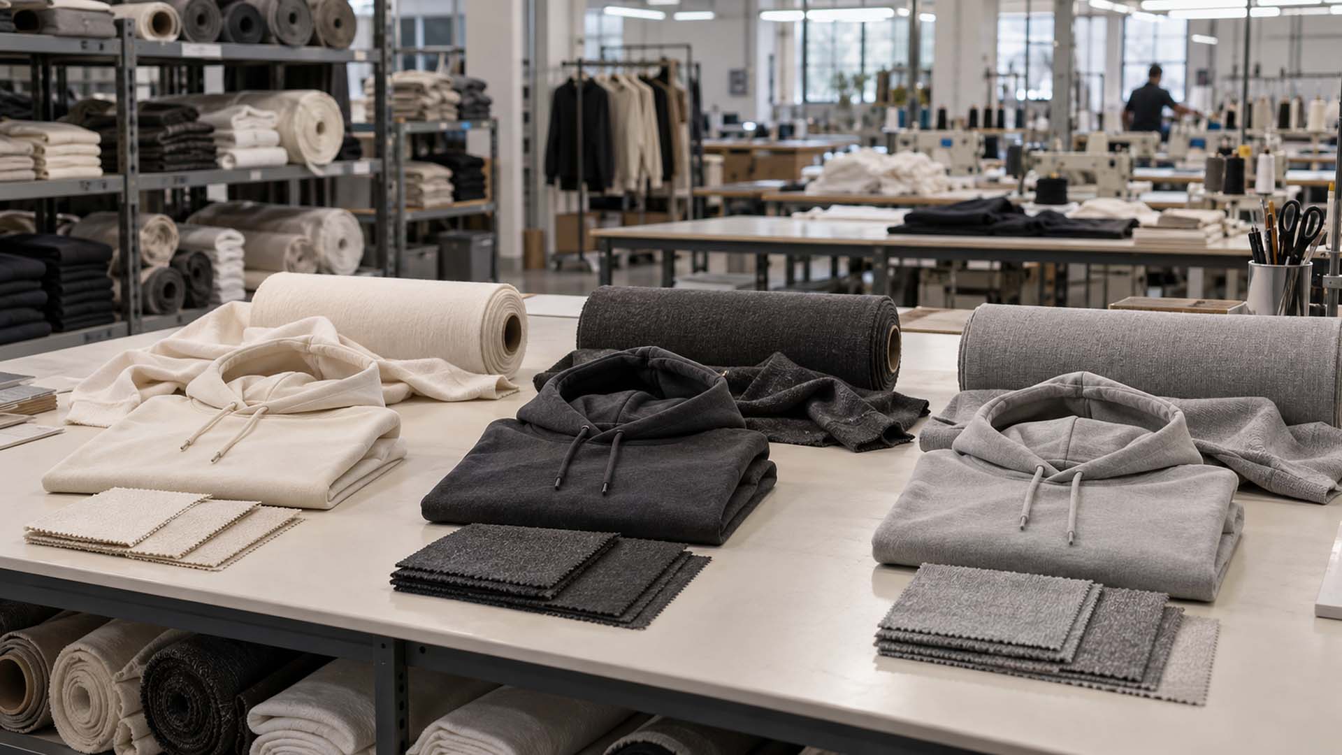 Bir giyim fabrikasında giyim minimum sipariş miktarı (MOQ) planlaması için hazırlanan farklı kapüşonlu sweatshirt renkleri ve kumaş ruloları