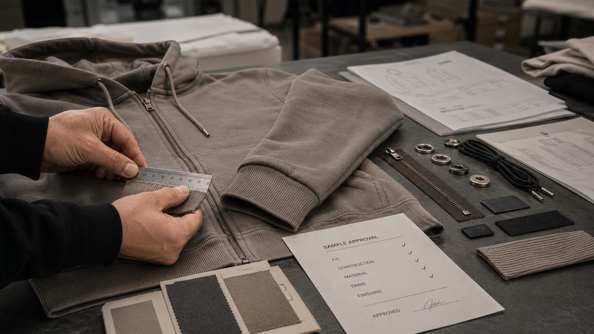 Toplu giyim üretimi öncesinde onaylanmış fermuarlar, çıtçıtlar, etiketler ve diğer aksesuarları karşılaştıran giyim örneği incelemesi.