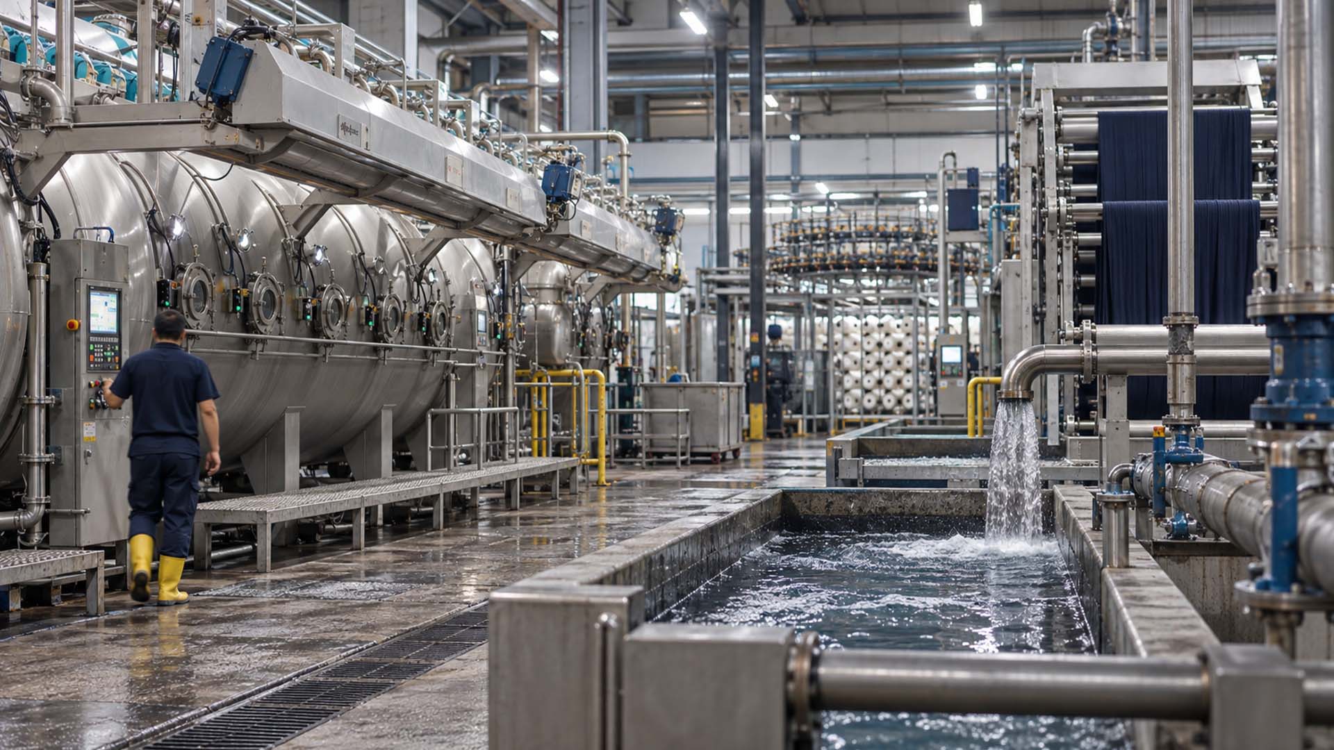 Kontrollü su kullanımı ve atık su arıtma sistemlerine sahip modern tekstil boyama tesisi