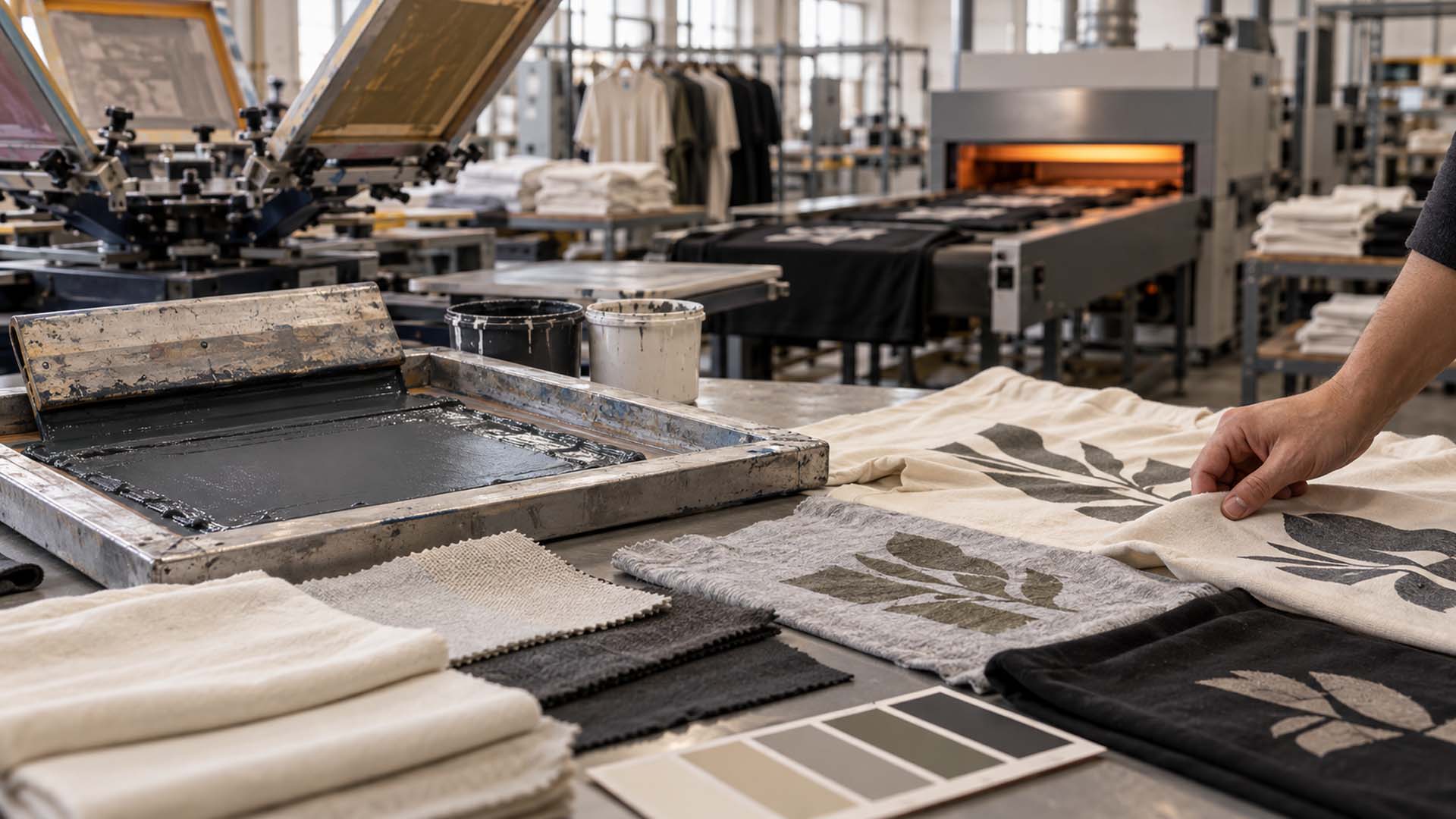 Bir giyim fabrikasında pamuk ve polyester kumaş örnekleri, mürekkep kalıpları ve kürleme ekipmanlarıyla serigrafi üretim kurulumu