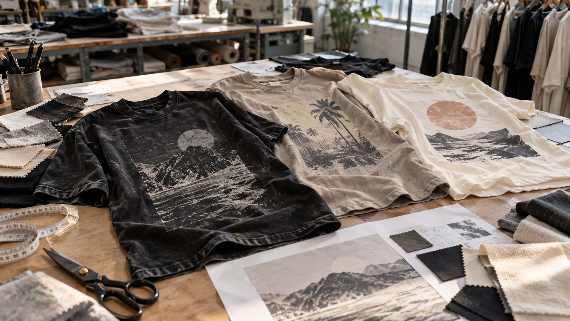 Yumuşak solmuş grafikler ve doğal giysi dokusu ile yıkanmış pamuklu tişörtler üzerine vintage su bazlı serigrafi baskı