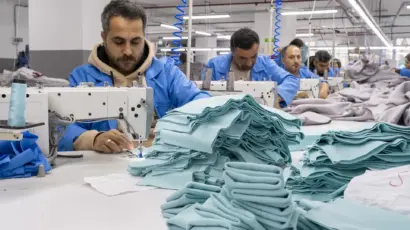 Male worker sewing at a station with large stacks of cut fabric ready for assembly.