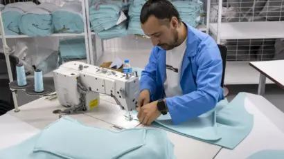 Male worker carefully guiding fabric through an overlock sewing machine.