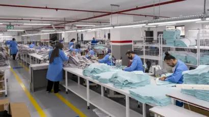 View down a long production line of workers sewing light blue garments in a bright factory environment.