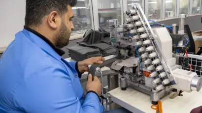 Male technician operating a highly specialized multi-thread sewing machine.
